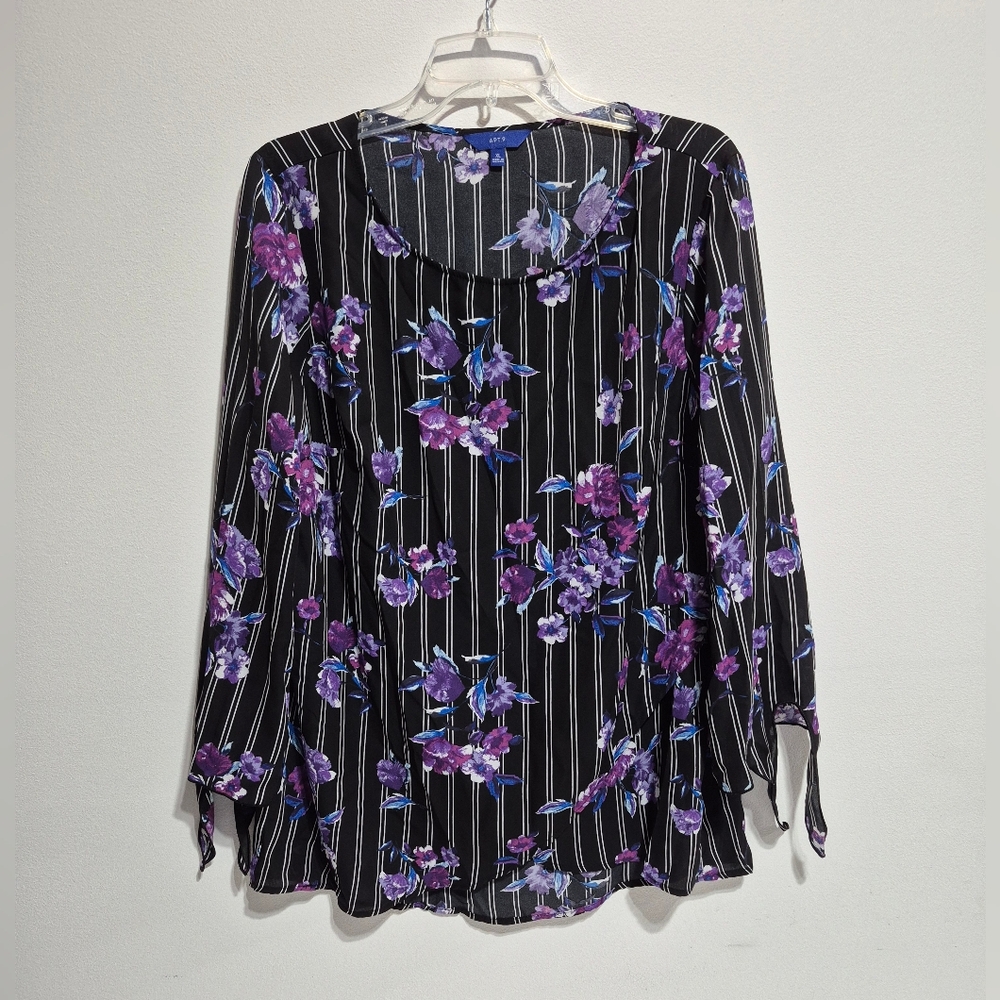 Apt 9 Women's Black, Purple & Blue Floral 3/4 Sleeve Scoop Neck Top- Size: XL